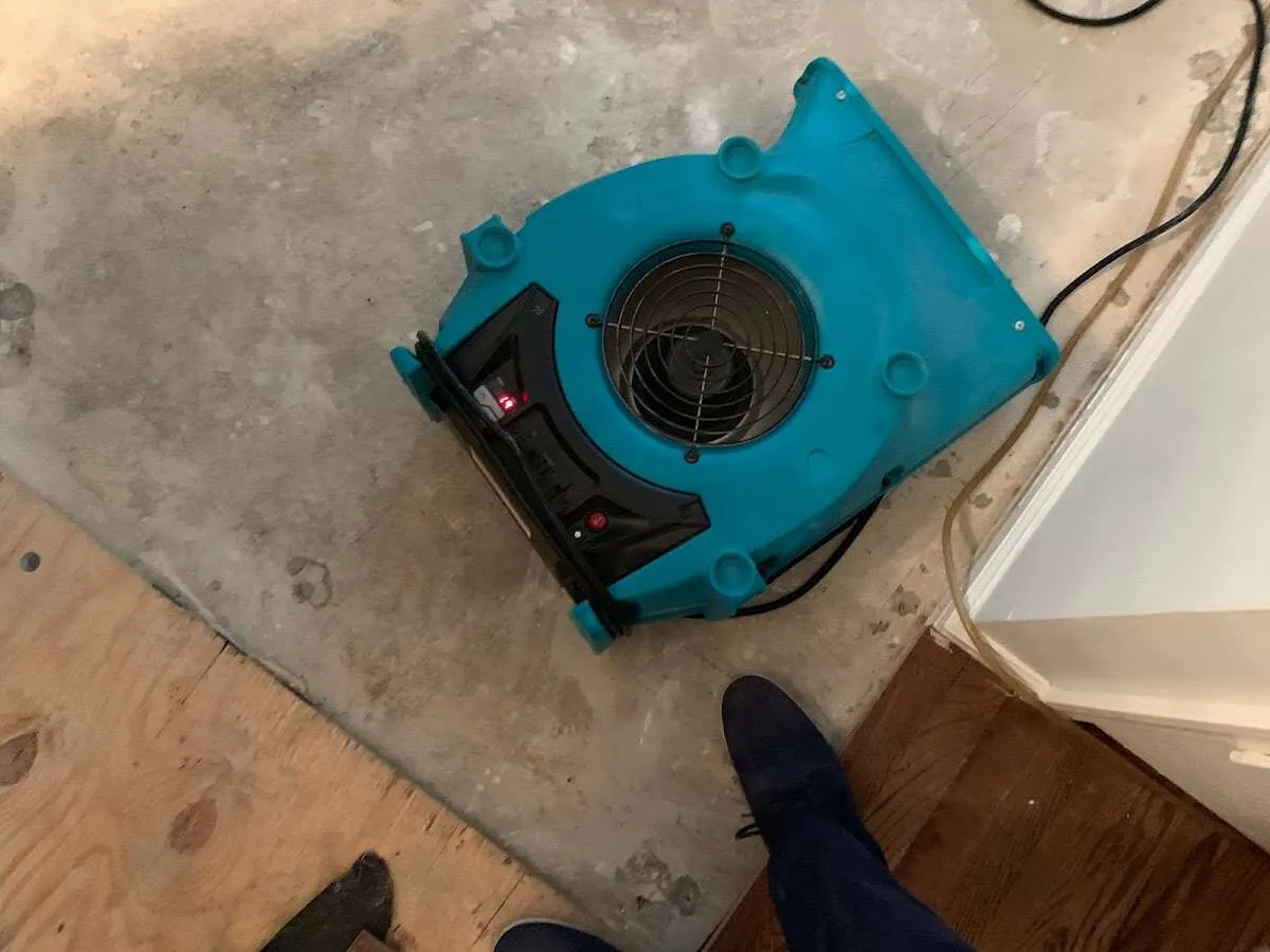 Air mover drying subfloor during Commercial Water Damage Restoration in Gautier